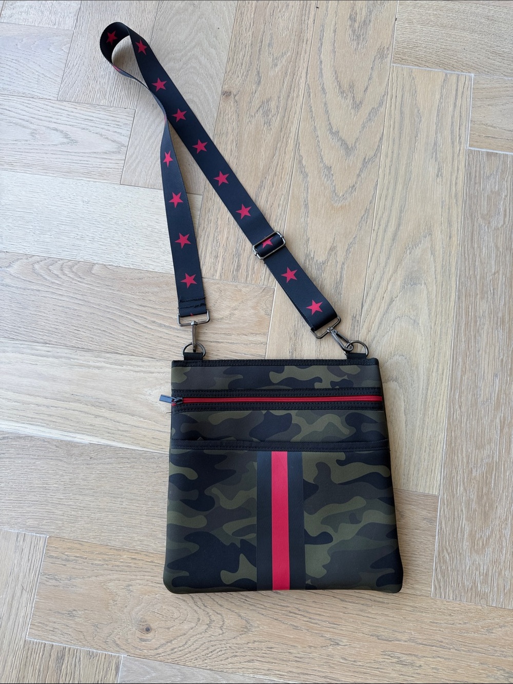 Camouflage Crossbody Bag with Red Stripe